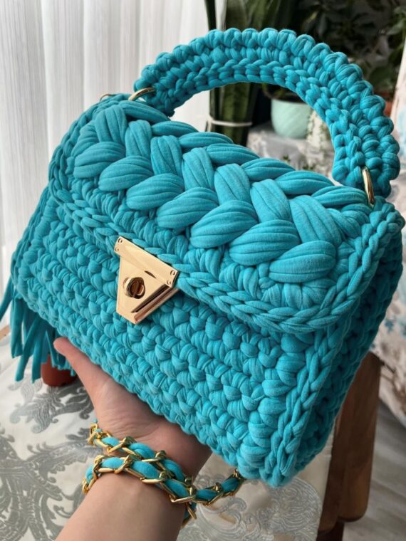 Handmade women sky blue bag | knit handbag | turquoise cotton yarn | store crochet handbag | bamboo handle